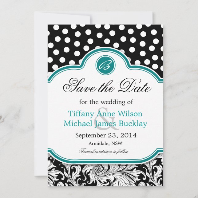 Save The Date Noir blanc damassé bleu turquoise mariage enregist (Devant)