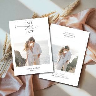 Save The Date Noir & Blanc Élégant Script 2 Photo Plage Mariage