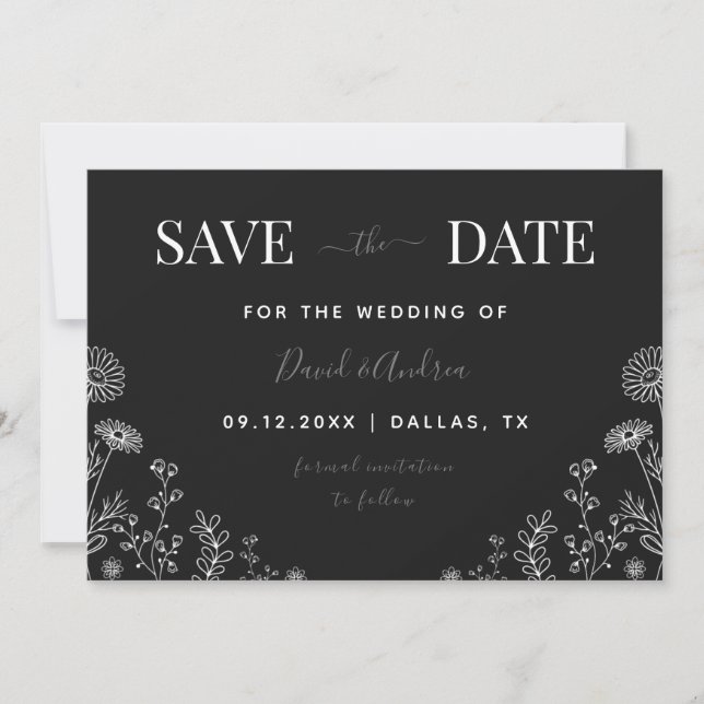 Save The Date Noir Blanc | Fleur sauvage Drake Nature Feuilles A (Devant)