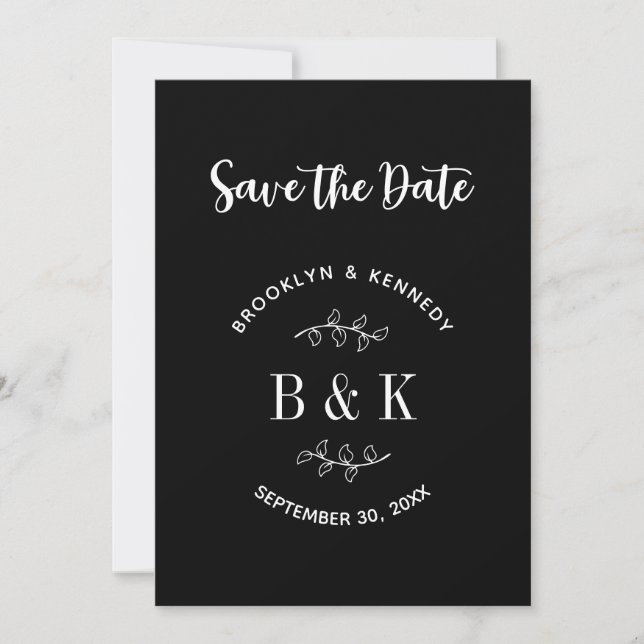 Save The Date Noir Blanc Floral Botanogramme Nom du couple (Devant)