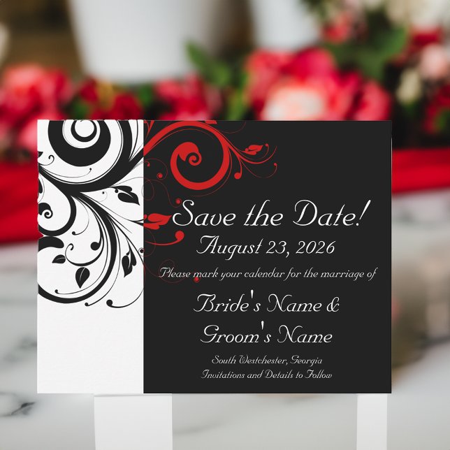 Save The Date Noir, Blanc, Noir, Mariage de l'Éperon Rouge Enreg (black white red swirl wedding save the date cards)