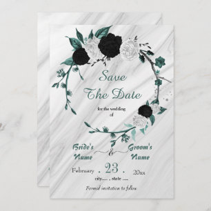 Save The Date noir blanc turquoise argent couronnes marbre