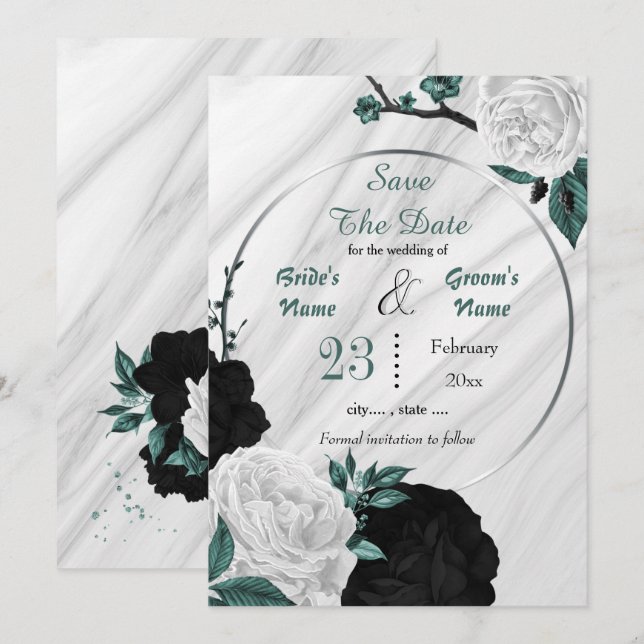 Save The Date noir blanc turquoise floral argent marbre géométri (Devant / Derrière)