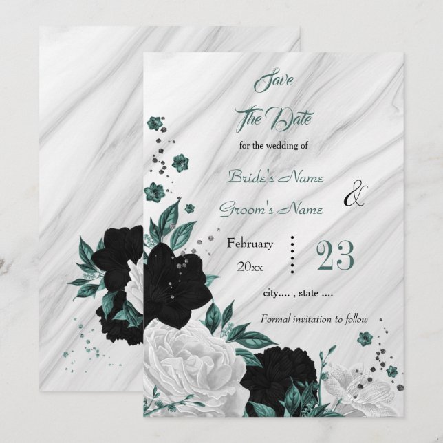 Save The Date noir blanc turquoise marbre gris floral enregistre (Devant / Derrière)