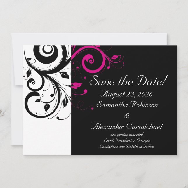 Save The Date Noir et blanc avec accent de tourbillon magenta (Devant)
