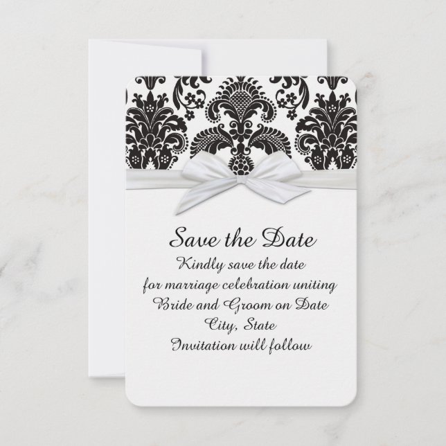 Save The Date Noir et blanc romantique Damas Enregistrer la date (Devant)