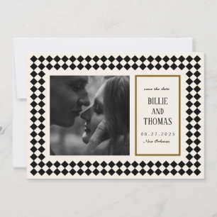 Save The Date Noir et Or sur Fond Ivoire avec Bordure en Damier