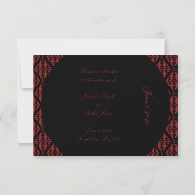 Save The Date Noir et Rouge Damas Mariage gothique Enregistrer l (Devant)