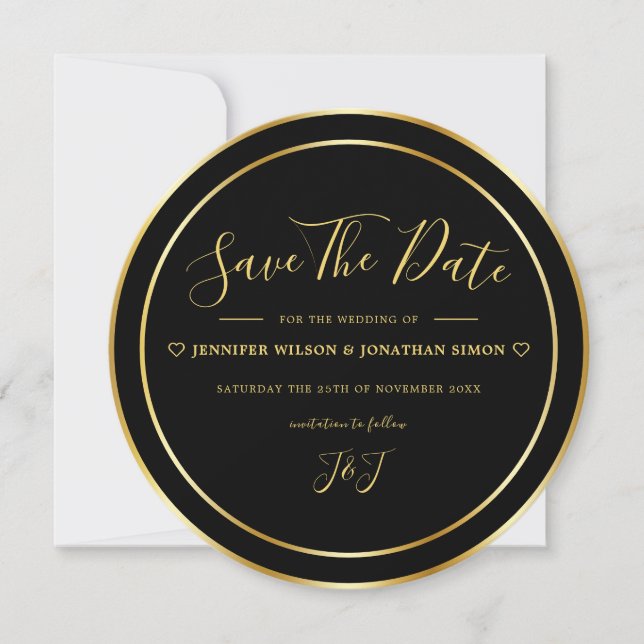 Save The Date Noir Moderne et Or Élégant Simple Rond (Devant)
