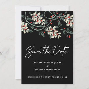 Save The Date Noir moderne Script Flores blanches hiver