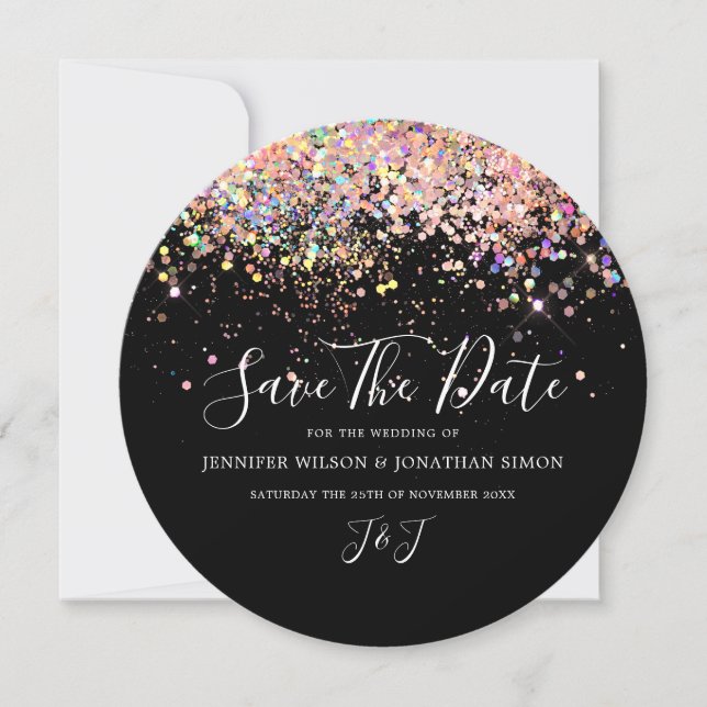 Save The Date Noir Pailleté Rose Paillettes Holographiques Éléga (Devant)