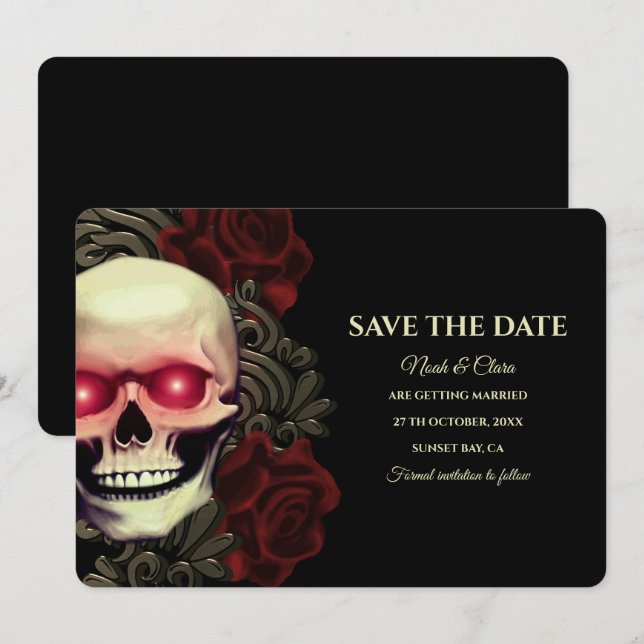 Save The Date Noir rouge foncé moody gothique crâne hallomarrié (Devant / Derrière)
