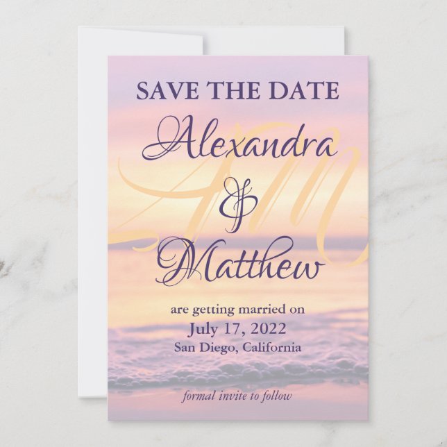 Save The Date Nom du monogramme California Beach Sunset Wave Pho (Devant)