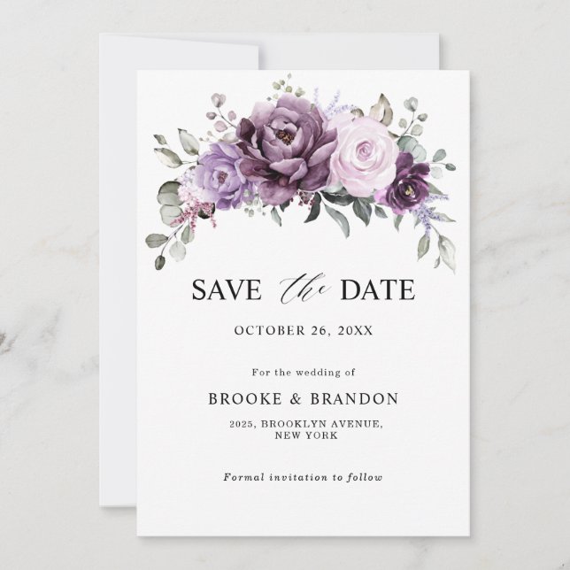 Save The Date Nuances de pourpre Dusty fleurs Moody Floral Maria (Devant)