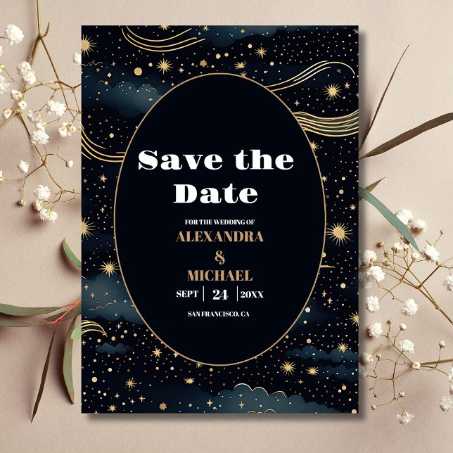 Save The Date Nuit Céleste Bleue Étoiles Lune Mariage (Créateur téléchargé)