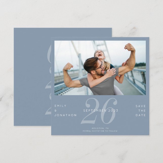 Save The Date Numéro Moderne Date Photo Dusty Blue Enregistrer L (Devant / Derrière)