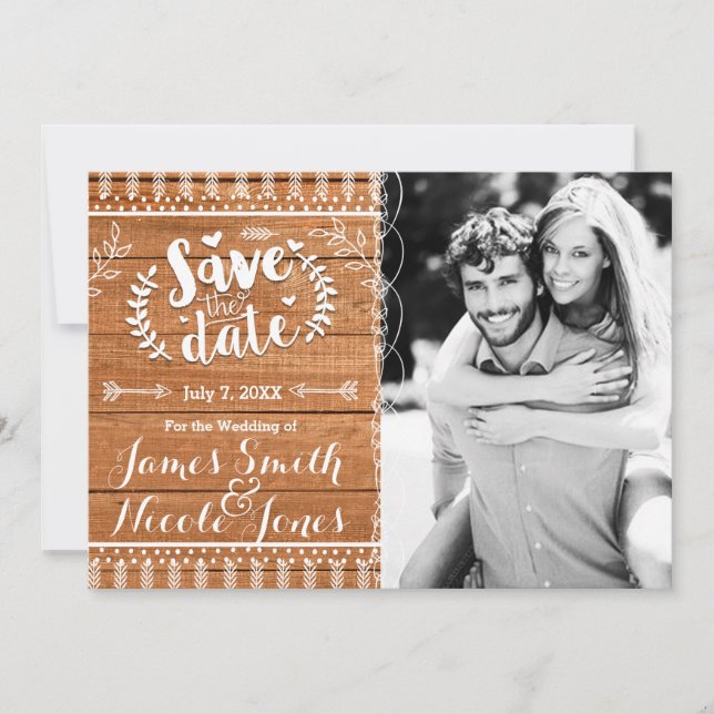 Save the Date Oak Wood Rustic Foto Einladung (Vorderseite)