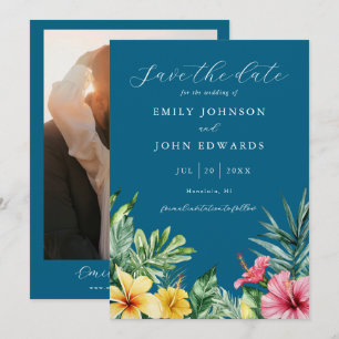 Save The Date Ocean Blue Elegant Tropical Flowers Mariage photo