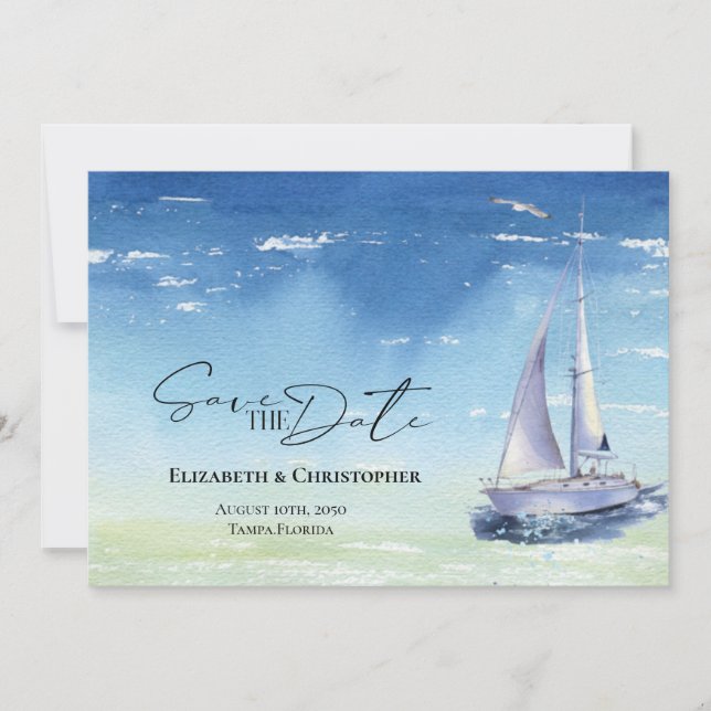 Save The Date Ocean Sail Boat Yacht Club Aquarelle bleu (Devant)