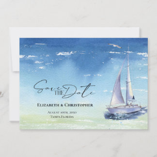Save The Date Ocean Sail Boat Yacht Club Aquarelle bleu