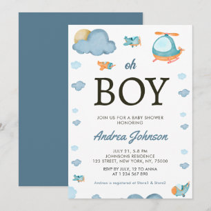 Save The Date Oh Boy Aquarelle Avion Hélicoptère Baby shower