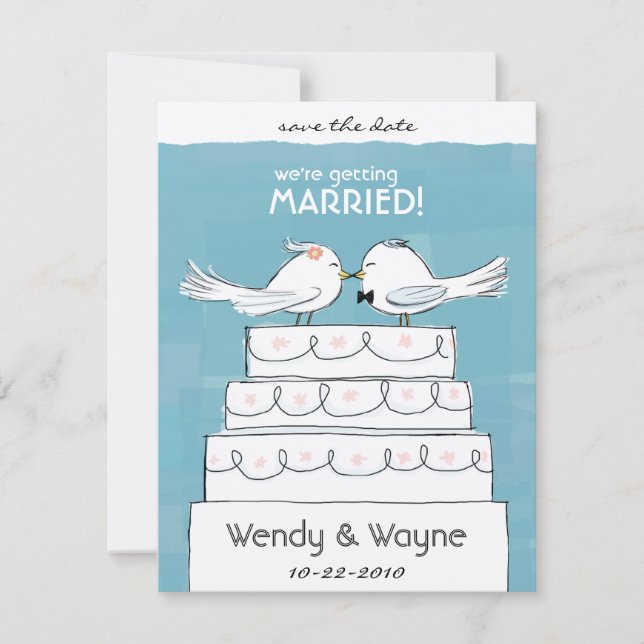 Save The Date Oiseaux de gâteau de mariage Mariée & Marié Enregi (Devant)