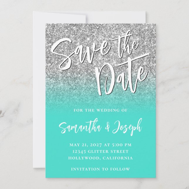 Save The Date Ombre Turquoise Parties scintillant Argent (Devant)