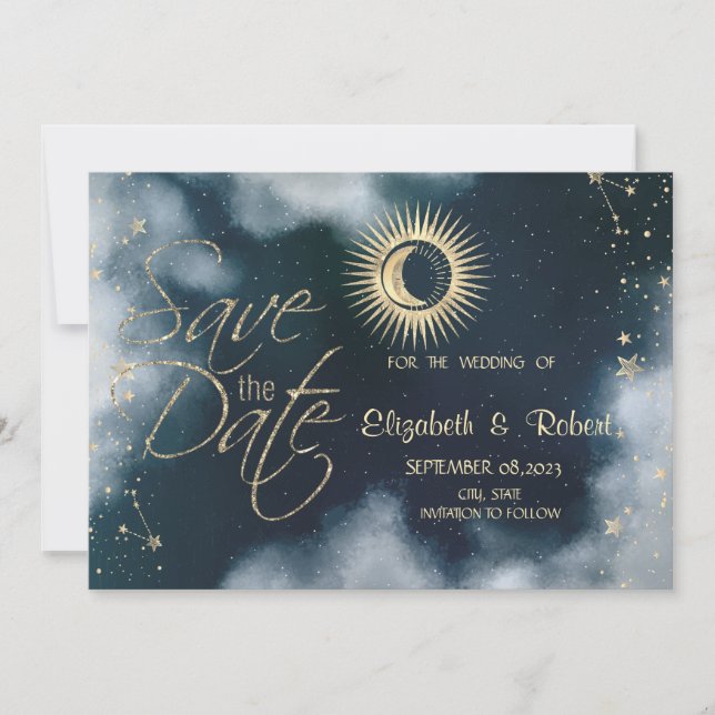Save The Date Or Céleste Soleil, Lune, Étoiles Ciel Nocturne (Devant)