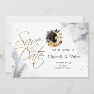 Save The Date Or céleste Soleil, Lune, Étoiles Fleurs