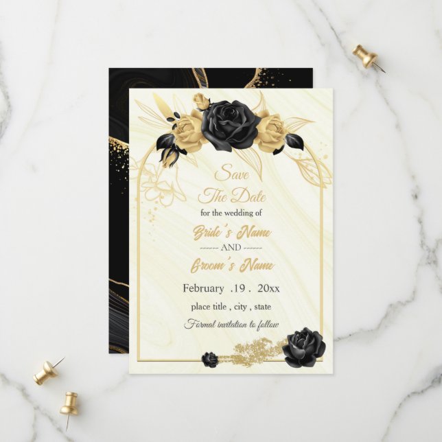 Save The Date or élégant et floral noir géométrique (Devant/Arrière en situation)