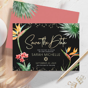 Save The Date Or Noir Tropicale Bat Mitzvah Florale Palmier Mode