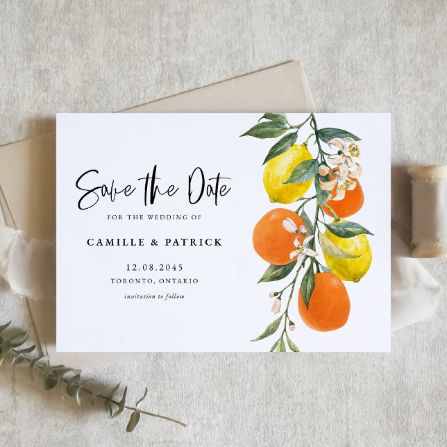 Save The Date Orange botanique et Garland de citron (Botanical Orange and Lemon Garland Save the Date Announcement Card)