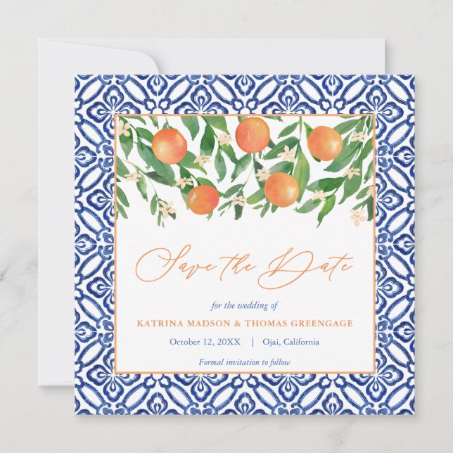 Save The Date Orange Tree Citrus Mariage Méditerranée Carrelage  (Devant)
