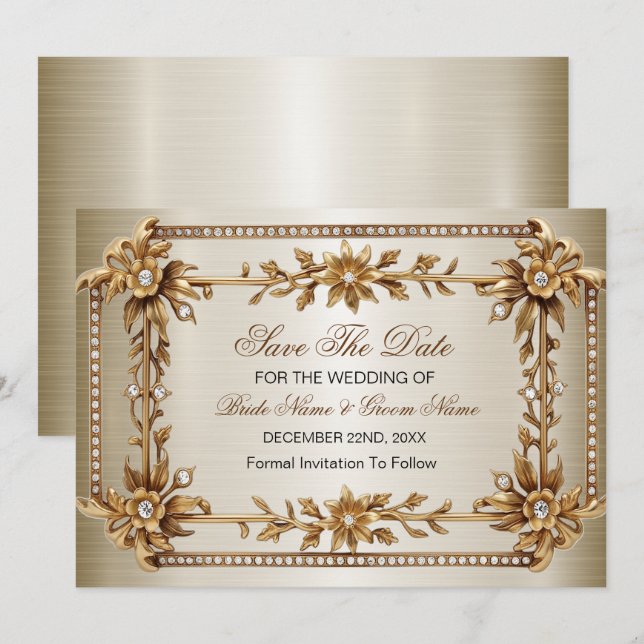 Save The Date Orné Or Rectangle Fleurs Dimonds brillantes (Devant / Derrière)