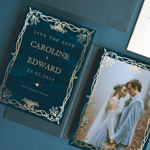 Save The Date Ornement Indigo Médiéval Mariage à la Vigne en Or