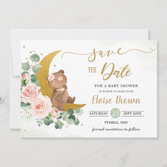 Save The Date Ours Bébé Whimsical Croissant Lune Blush Floral (Devant)