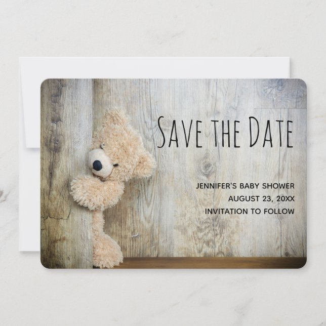 Save The Date Ours farci mignon Fond en bois rustique (Devant)
