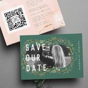 Save The Date Oval Boho Bold QR Code Moderne Feuilleté Golden Ph