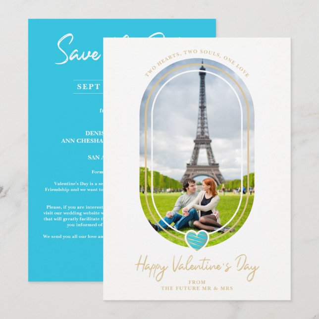 Save The Date Oval Effect Blue Heart Happy Valentine's Day Photo (Devant / Derrière)