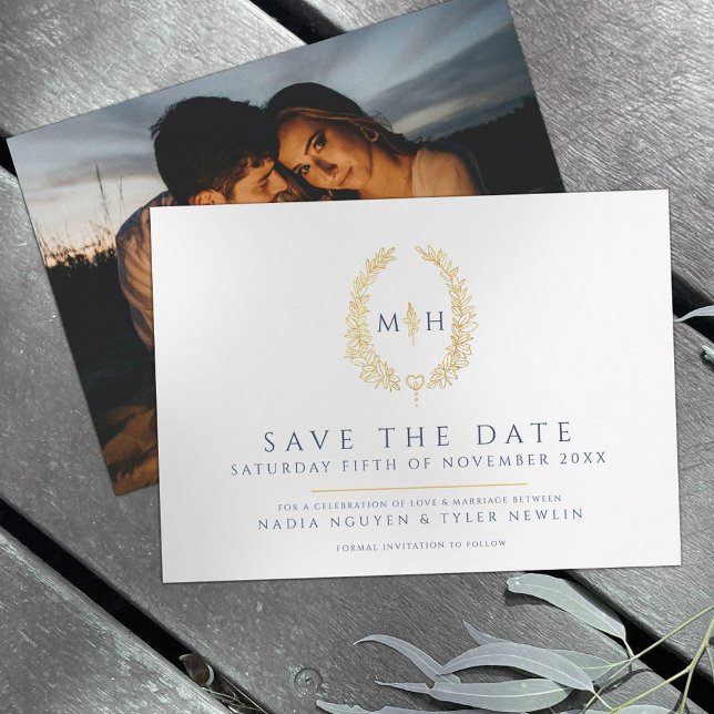 Save The Date Ovale de feuille blanc bleu photo mariage (Créateur téléchargé)