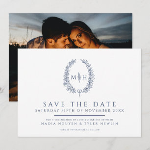 Save The Date Ovale de feuille blanc bleu photo mariage