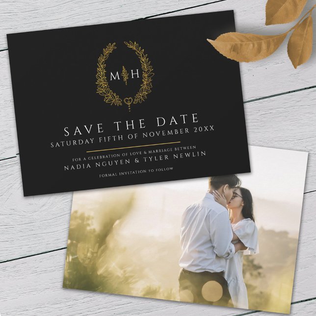 Save The Date Ovale feuille noir blanc or photo mariage (Créateur téléchargé)