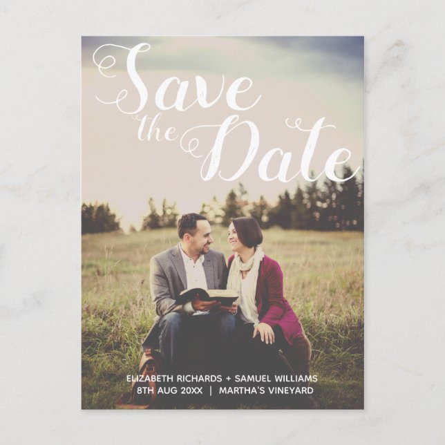 Save the Date Overlay für weißes Skript-Foto Postkarte (Vorderseite)
