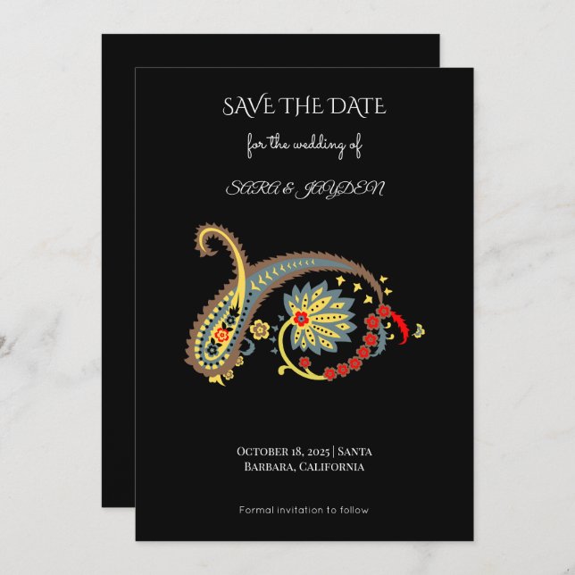 Save The Date Paisley Pattern Art – Boho Ethnic Botanical Print (Devant / Derrière)
