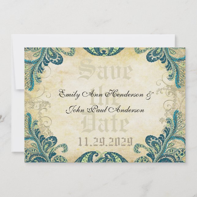 Save The Date Paisley Peacock couleurs mariage Enregistrer la da (Devant)
