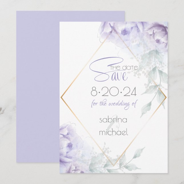 Save the date | Pale Lilac Aquarelle Peonies (Devant / Derrière)