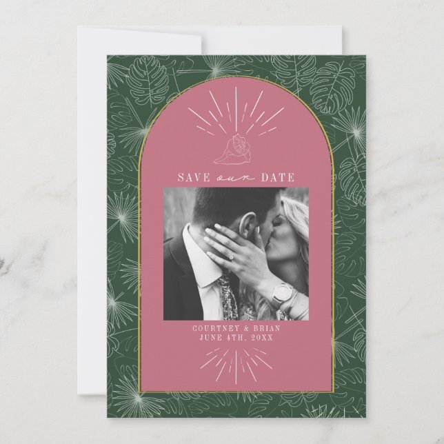 Save The Date Palm Feuille Tropical Seashell rose et vert photo (Devant)