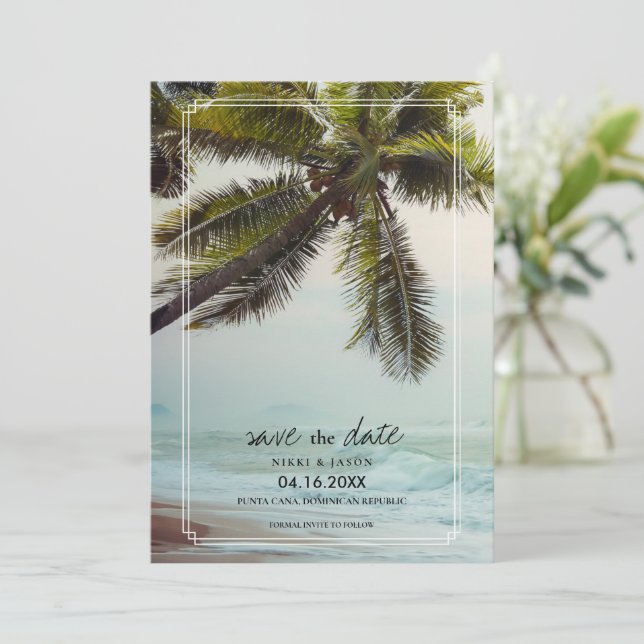 Save The Date Palm Tree Beach Destination Mariage Enregistrer la (Debout devant)