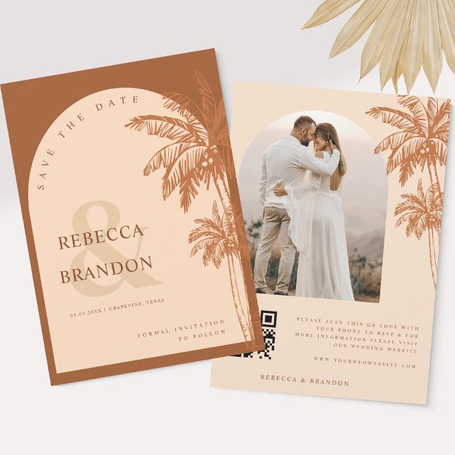 Save The Date Palm Tree Beach Photo Terracotta QR Code Mariage (Créateur téléchargé)