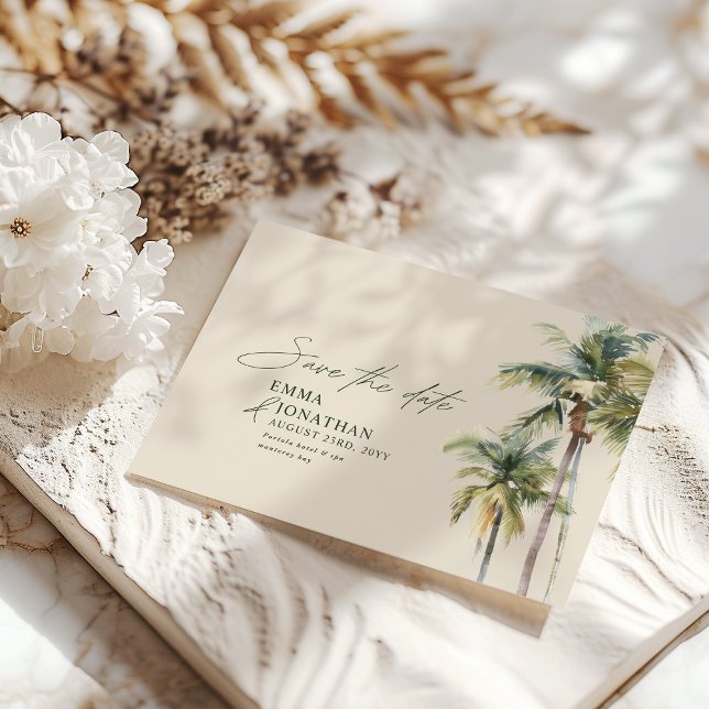 Save The Date Palm Tree Destination Elegant Coastal Wedding (Créateur téléchargé)